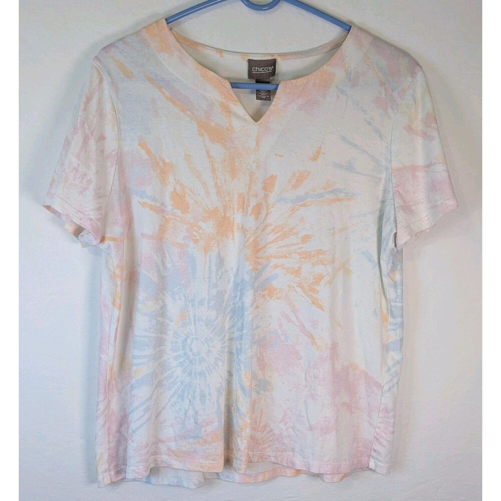 Chico's Womens 2 L Tie Dye Split Neck Short Sleeve T-Shirt Pastel Soft Knit